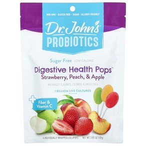 D. John's Healthy Sweets 프로바이오틱 Digestive Health Pops 섬유소 및 비타민C 함유 딸기 맛 복숭아 맛 사과 무설탕 10억 개별, 109g, 1개