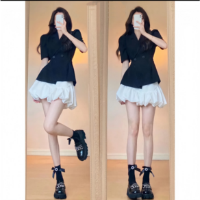 미중 여성 여름 뉴 허리 조임 퍼프 트임 정장 반팔 세트 부풀린 숏치마 세트 yy