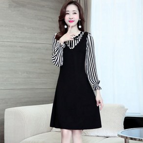 ROYALBELLE 여성 우아한 패치워크 긴팔 원피스 스트라이프 캐주얼 플레어 미디 원피스 V011417