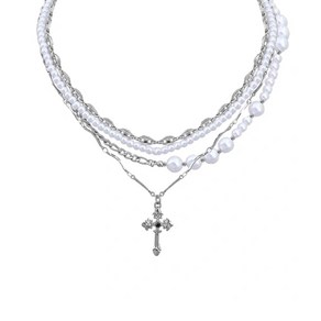 PEARL CROSS 4 LAYERD CHAIN CHOKER NECKLACE / 진주 크로스 십자가 4 레이어드 체인 초커 목걸이