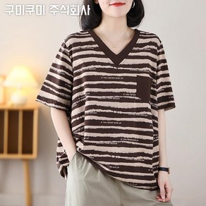 [L-5XL] 티셔츠 반팔 여성 여름 편한 브이넥 스트라이프 순면 루즈핏 보송 영문티 오버사이즈 시원한 30대 40대 50대 빅사이즈 4XL 상의 티 캐주얼 패션 데일리