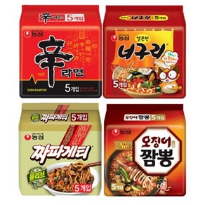 봉지 라면 4종 신라면 5개+ 짜파게티 5개 + 너구리 5개 + 오징어짬뽕 5개, 20개