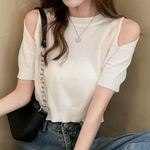 아이엠몽 여성 어깨 트임 포인트 라운드넥 데일리 티셔츠