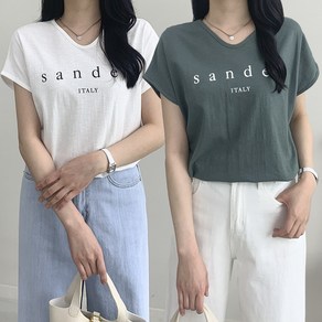 [행복여] 1+1 샌드 레터링 브이넥 루즈핏 반팔 티셔츠