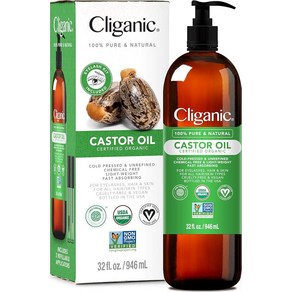 Cliganic 유기농 캐스터 오일 100% 순수 (속눈썹 키트 포함 946.4ml(32온스) - 속눈썹 눈썹 모발 및 피부용  천연 냉압착 비정제 헥산 프리, Cliganic 유기농 캐스터 오일, 100% 순수 (, 1개