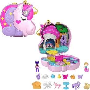 Polly Pocket 컴팩트 플레이세트 유니콘 티 파티 마이크로 인형 2개 및 액세서리 포함 서프라이즈 공개 여행 장난감