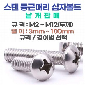 둥근머리 십자나사 볼트 M2~M6(스텐) 십자나사용 평와샤 육각너트 스프링와샤(스텐) 소량 낱개판매, 둥근머리 십자나사 볼트 M6-100 mm (스텐), 1개