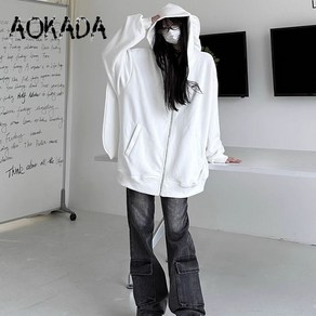 AOKADA 후드티 아메리칸 스타일 귀여운 토끼 귀 후드티 여자 봄가을용 루즈핏 캐주얼 가디건 펑민