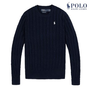 POLO RALPH LAUREN 여성 케이블 니트 코튼 크루넥 스웨터 네이비