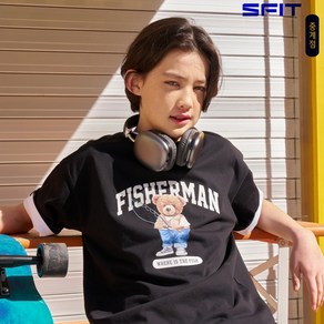 에스핏 중계점 *25년 가정에 달 선물 세일~* DTP 낙시 곰돌이 티셔츠 (블랙) 신축성 좋은 기능성소재 귀여운 그래픽 디자인 여름 반팔 티셔츠 [7-13세 이상] 아동 주니어