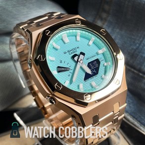 Casio G-Shock Tiffany Blue Waffle Mod Polished Rose Gold Steel Casioak GA2100