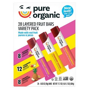 Pue Oganic 퓨어 오가닉 후르츠 바 3종 18g x 28바 라즈베리 레몬에이드 딸기 바나나 파인애플, 1개, 504g