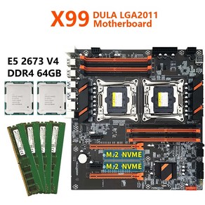 X99 듀얼 CPU 마더보드 X99 xeon 마더보드 키트 콤보 LGA 2011 v3 E-ATX 옵션 DDR4 ecc 16GBx4 = 64GB CPU 2673v4, 1.마더 보드