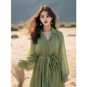 V넥 루즈핏 롱 원피스 여성용 캐주얼 디자인 편안한 착용감