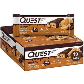 Quest Nutition 딥 초콜릿 땅콩 버터 단백질 바 18g 설탕 1g 순탄수화물 3g 글루텐 프리 12개입 221507, 12개