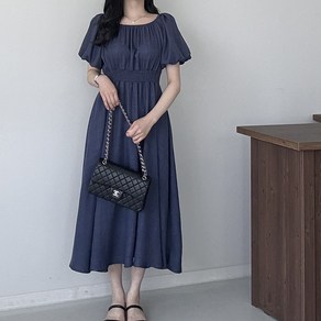 행복여 리온 넥 셔링 벌룬 소매 밴딩 플레어 원피스