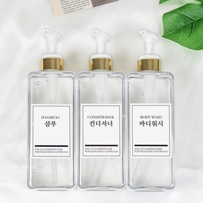 모든집 호텔 욕실 디스펜서 샴푸통 800ml+방수라벨 3구 세트, 1세트, 욕실세트_800ml(투명용기+골드펌프+한글3종)