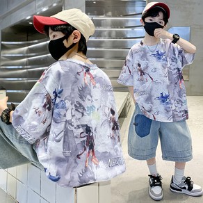 비비키드 초등생 상의 초중생 하의 주니어 의류 세트 반팔티 반바지 남아 여름 NEZHA 캐릭터 상의+데님 하의 세트 (56023)