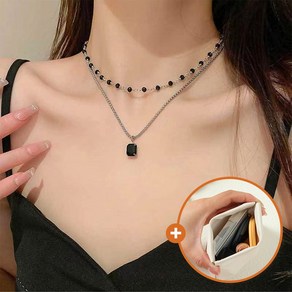 UniqueFinds 블랙 여신 크리스탈 체인 레이어드 목걸이 2줄 초커 써지컬스틸+ 파우치