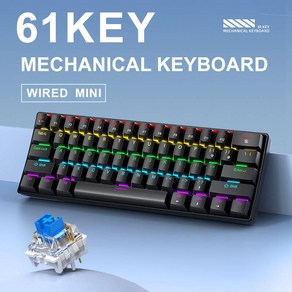 키보드마우스세트 APAYADO 유선 기계식 키보드 K61 RGB 60% 61 키 게임용 휴대용 미니 블랙 화이트 레드 블루 스위치, 03 Black, 02 빨간색 스위치, 적축