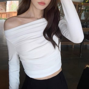 [에이진] 심플 크롭 오프숄더 긴팔 티셔츠 (3colos)