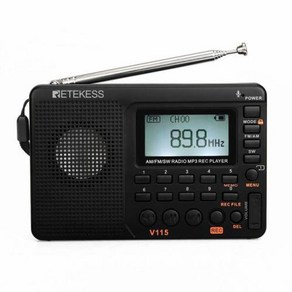 RETEKESS V115 라디오 FM AM SW 휴대용 라디오 AM FM 충전식 단파 라디오 배터리 전파 USB 레코더 스피커, 검정색