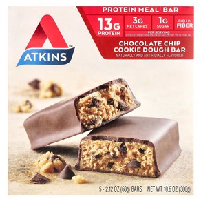 Atkins 단백질이 풍부한 식사 대용 바 초콜릿 칩 쿠키 도우 5개입 개당 60g(2.12oz), 1개, 300g