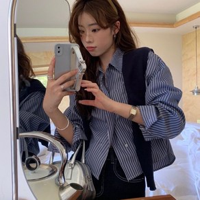 [뉴데이][#자체제작]여성 스트라이프 세미 크롭 셔츠