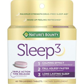 멜라토닌 Natue's Bounty Sleep3 10mg 약물 없는 수면 보조제 식이 보충제 L테아닌 및 야간 허브 블렌드 지연 방출 기술 60개의 3층 정제, 1개, 60정