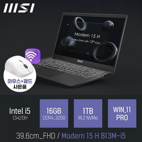 MSI 모던시리즈 모던15 H B13M-i5 사무 교육용 작업용 대학생 노트북, WIN11 Po, 16GB, 1TB, 블랙