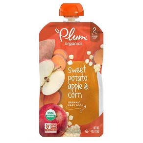 플럼 오가닉스 2단계 이유식 113g 12팩 고구마 애플 앤 콘 Plum Oganics Baby Stage 2 Food Sweet Potato Apple and Con, 12개