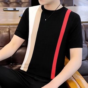 여름 캐주얼 남성 데일리 스트라이프 티셔츠 슬림핏 몸매 강조 라운드넥 줄무늬 디자인 반팔 니트 소재 통기성 쾌적 일상생활 활용성 코디 포멀룩 매치 반팔 티셔츠