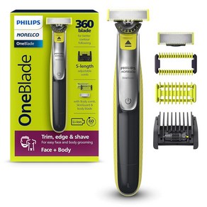 Noelco OneBlade 360 페이스 바디 리드 전기 면도기 및 수염 트리머 남성용 5-in-1 스터블 빗 바디 헤어 트리머 키트 QP283470 418590, OneBlade 360 Face + Body_블랙/실버, 블랙/실버/라임 그린, 블랙/실버/라임 그린