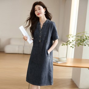 POMTOR 여성 빅사이즈 캐주얼 반팔 데님 원피스