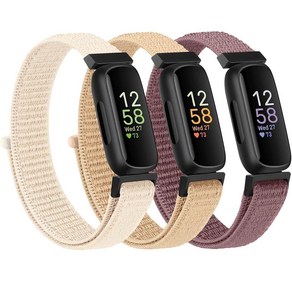 Fitbit Inspie 3 밴드 여성용 남성용 스마트워치용 소프트 루프 스트랩 교체용 손목 3팩 나일론 블랙/케이프 블루/블루 그린 170848, 스타라이트/밀크티/스모크 퍼플