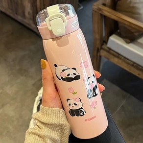 BLOWFISHFUGU 휴대용 팬더 텀블러 스테인리스 강보온병 빨대 물컵, 1개, 500ml, 분홍색