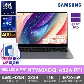 삼성 노트북 갤럭시북4 프로 NT960XGQ-A52A PF1 SSD1TB/32GB램/울트라5-125H/AMOLED/터치스크린/120Hz, WIN11 Po, 32GB, 1TB, 문스톤 그레이