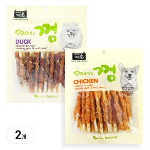 백년애 고기가 2배 이상 말린 오래먹는 개껌 강아지 간식 껌 치석 제거 2개 묶음, 닭고기 스틱 24P + 오리고기 스틱 24P, 250g, 1세트