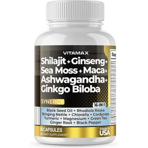 Vitamax 순수 히말라야 실라짓 10000mg 아쉬와간다 6000mg 씨모스 2000mg 로디올라 로제아 1000MG 은행 빌로바 500mg 미량 미네랄 캡슐 남녀 60개, 60 Count (Pack of 1), 1개, 60정