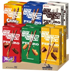 [블루존] 빼빼로 6종 12개 세트 (초코2+아몬드2+크런키2+화이트쿠키2+누드2+초코쿠키2) 마이쮸 낱개1, 1개