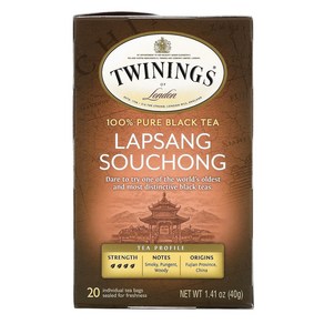 Twinings 100％ 순수 홍차 랍상소우총 티백 20개 40g(1.41oz), 1개