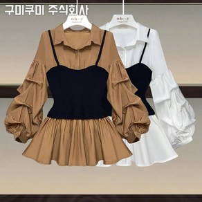 [특가상품][100kg까지] 셔츠 여성 가을 편한 럭셔리 카라 플리츠 퍼프 허리 프릴 허리꼬임 배색 단아한 20대/30대/40대 캐주얼 패션 데일리 빅사이즈 오버사이즈 상의