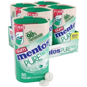 Mentos Pue Fesh 무설탕 츄잉껌 자일리톨 스피어민트 재활용 가능한 90 판지 병 80개 4병 팩, 80 Count Pack of 4, 4개