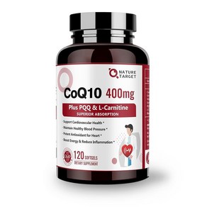 NATURE TARGET CoQ10-400mg PQQ L-카르니틴 및 오메가3 함유 바이오페린 함유 고흡수 코엔자임-Q10 심장 뇌 면역 체계 에너지 생산 지원 120회 분량, 1개, 120정