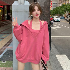 JUSTFEELING S-3XL 봄가을 오버핏 후드티 데일리 긴팔 맨투맨 나시 세트 여성의류