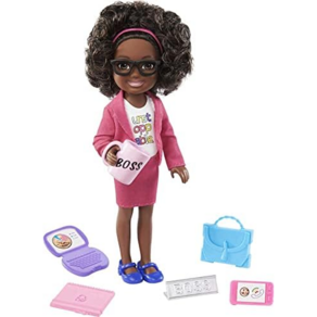 Barbie Chelsea Can Be Anything Doll & Playset Brunette Boss Small Doll with Curly Hair Outfit & 7