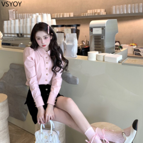 vsyoy 정장 여성의 2023 봄 새로운 부자 가족 퍼프 소매 셔츠 작은 높은 허리 절반 길이 스커트 투피스 수트