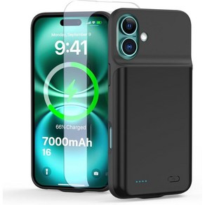 아이폰 16용 배터리 케이스(6.1인치) 초슬림 7000mAh 충전식 휴대용 확장 충전기 케이스 커버 템퍼스트 글라스 프로텍터 포함-블랙