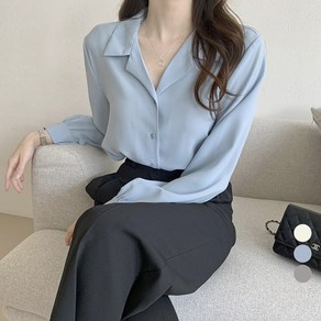 LALABELLE 여성용 셔츠 카라넥 베이직 심플 셔링 무지 루즈핏 긴팔 데일리 셔츠