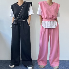 [엘샾] 어깨패드 조끼 크롭 베스트 조끼 와이드 팬츠 세트 여성 트레이닝세트